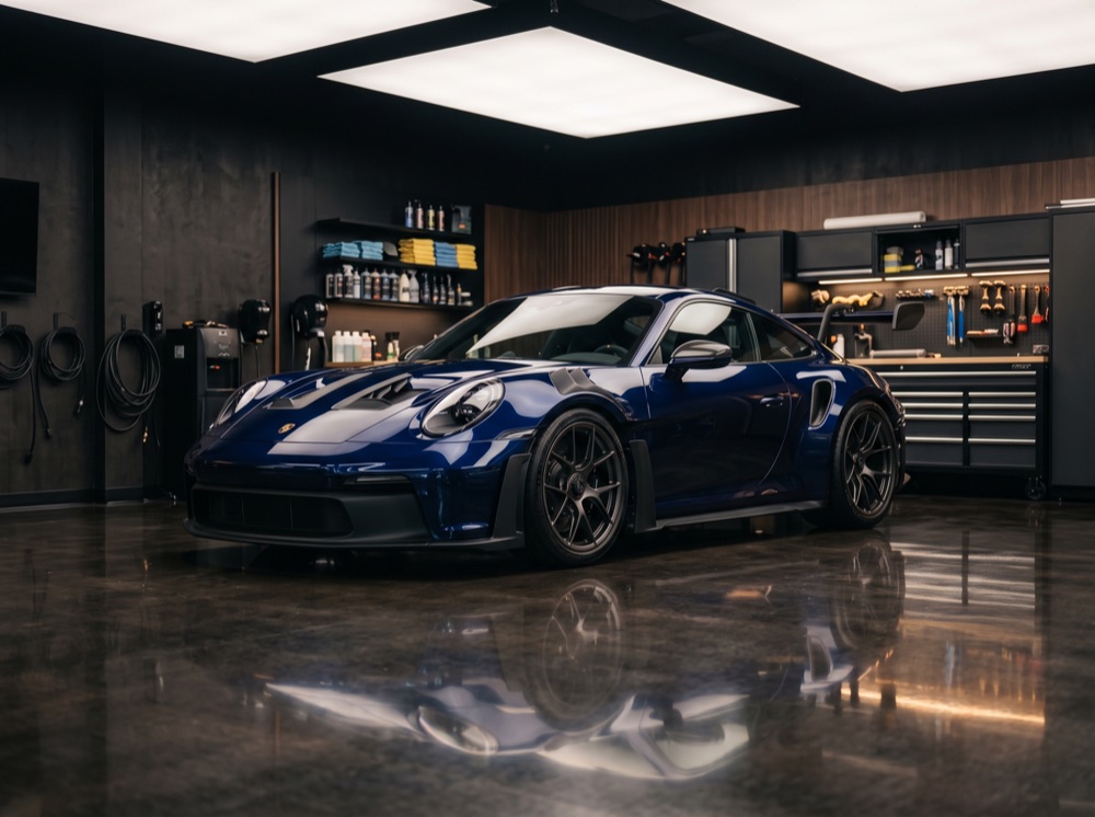 Car in a premium detailing garage under soft studio light