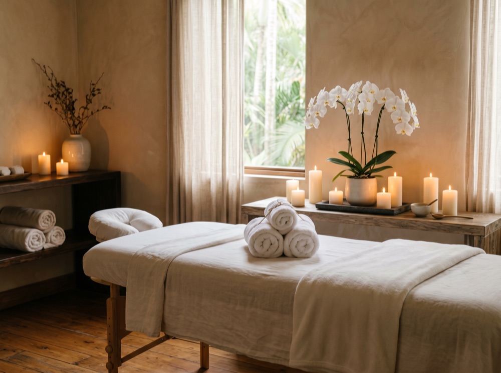 Serene spa treatment room with towels, orchid and candles