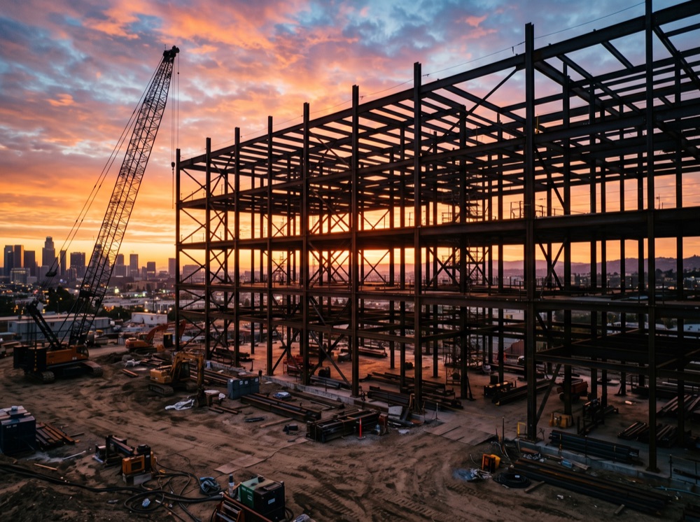 Steel building framework against a dawn sky