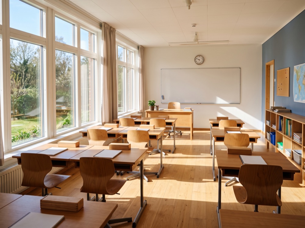 Bright classroom with wooden desks and streaming sunlight