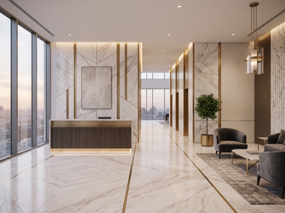 Elegant office lobby with marble and brass details