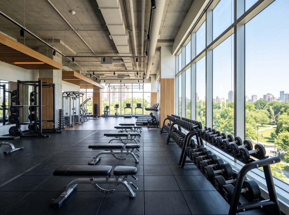 Modern gym interior with dumbbell racks and daylight