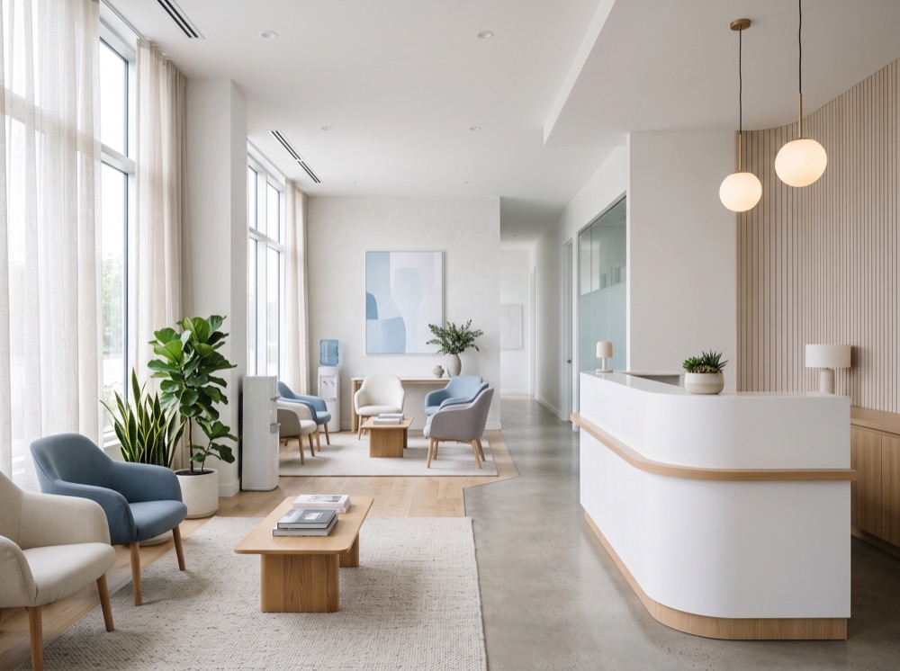 Modern medical clinic reception with calm daylight