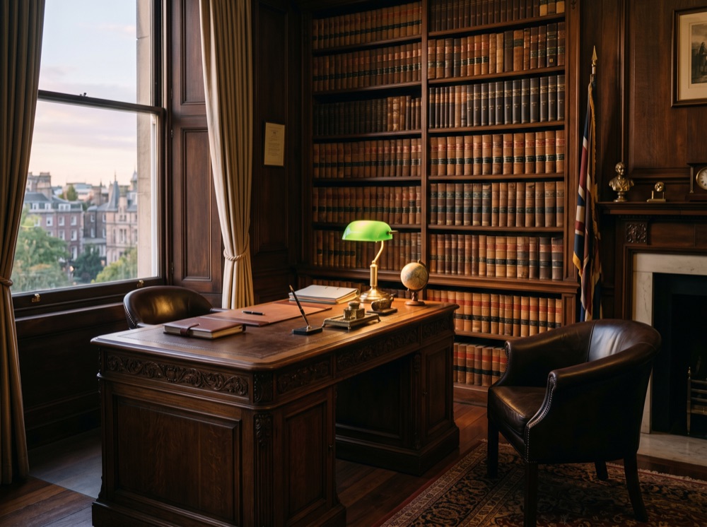 Law office desk with legal books in warm window light