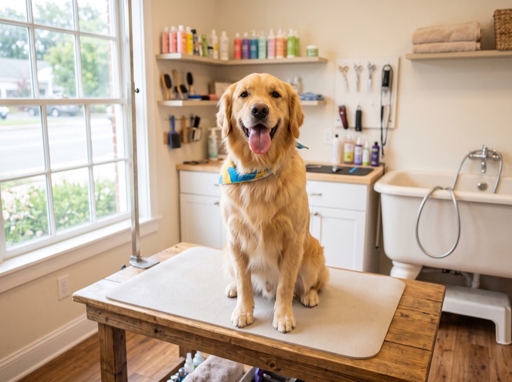 Golden retriever in a bright pet grooming salon