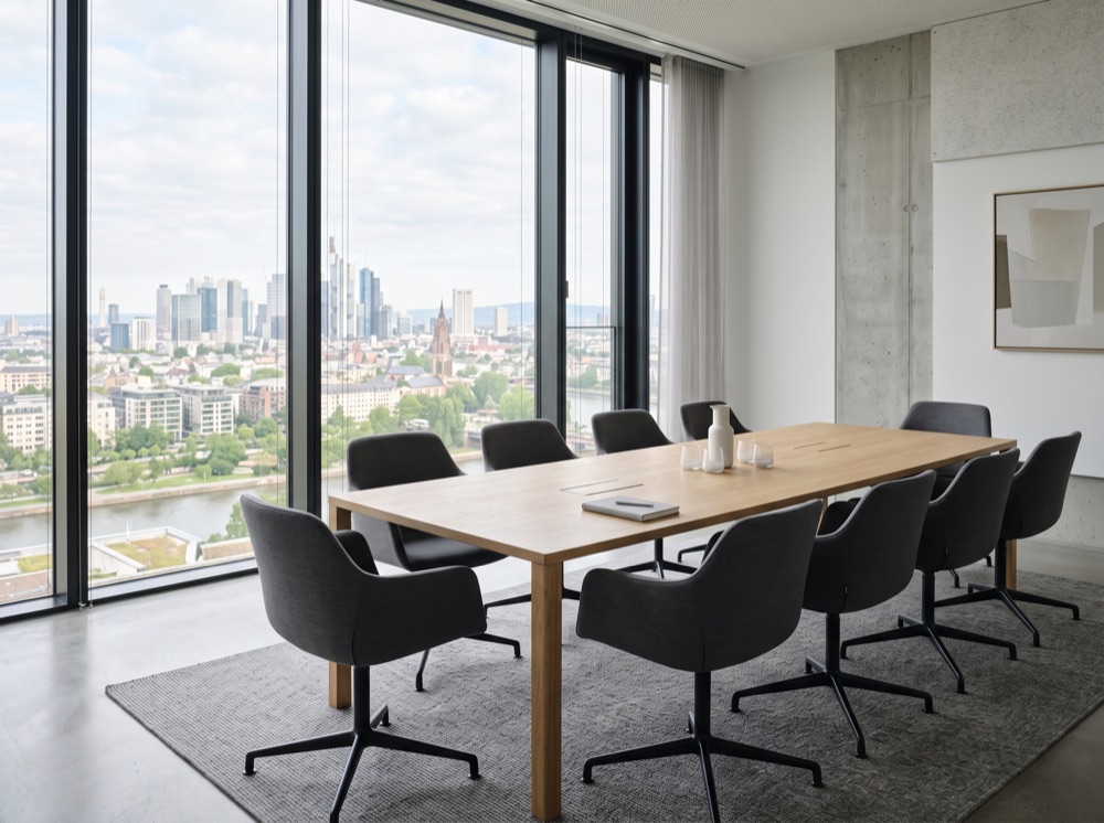 Modern consulting office meeting table with morning light