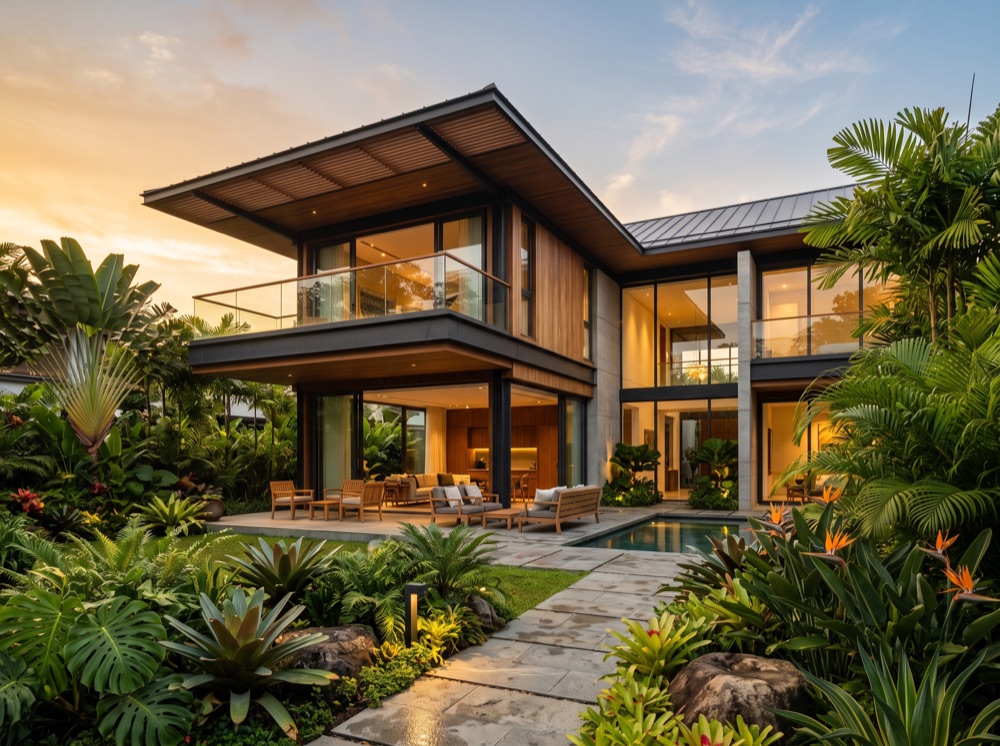 Modern tropical house exterior at golden hour